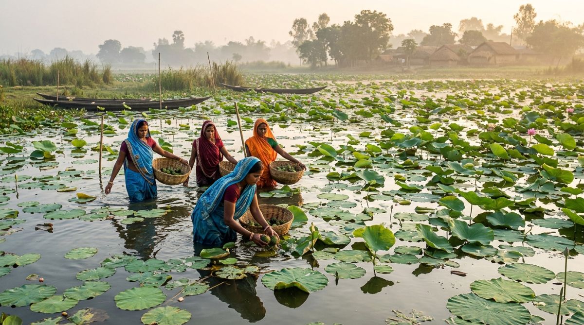 Makhana wetland harvesting in Bihar lake